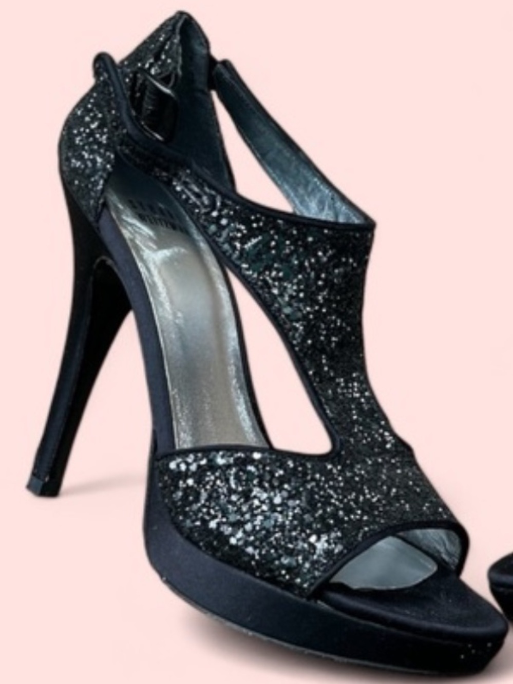 Stuart Weitzman Black Glitter T-Strap Heels Size 6